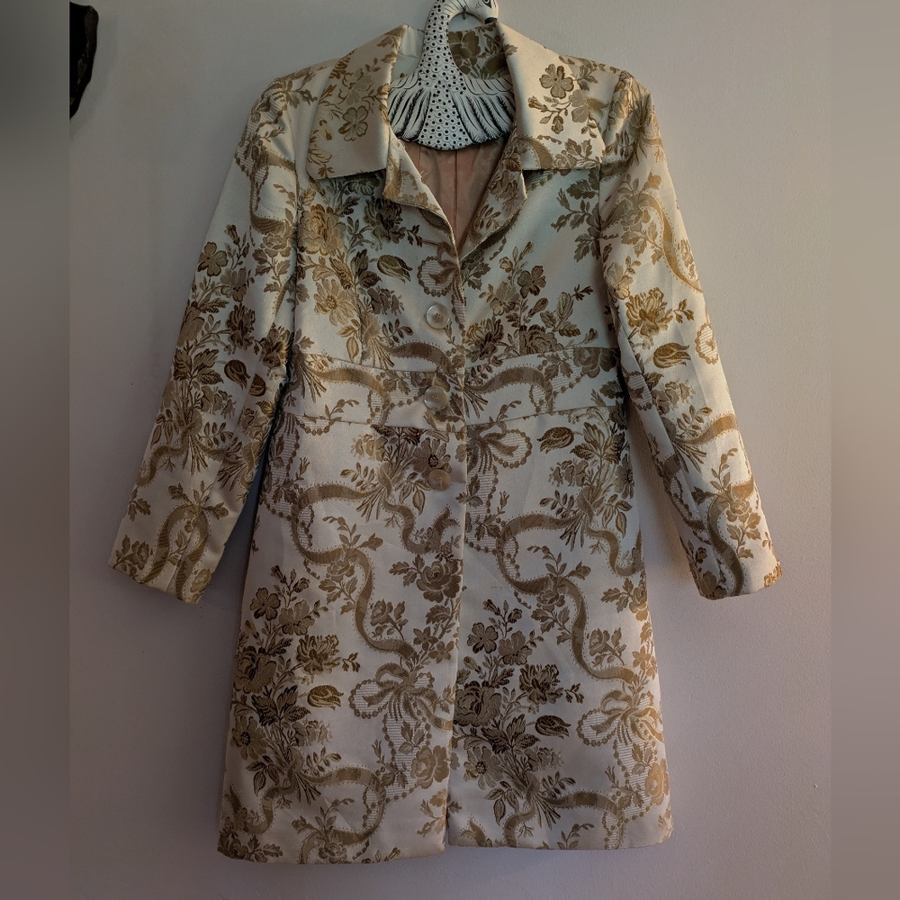 Vintage Moods Brocade Tapestry Long Jacket Gold/Cream Size 6 Made In USA